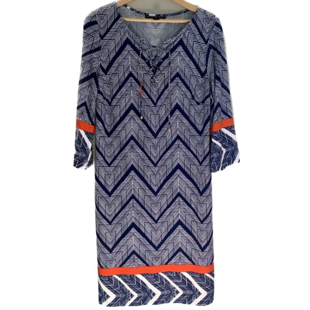 Danillo Boutique Blue and White Chevron Dress with Orange Accents